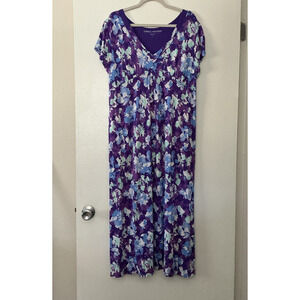 Carole Hockman Large Purple Floral Long Maxi Nightgown Pockets Side Slits